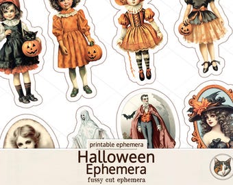 Hojas de collage de Halloween imprimibles: material vintage para diarios basura, etiquetas y proyectos de scrapbooking.