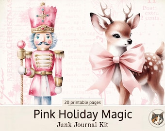 Kit de diario basura navideño rosa, diario basura navideño, material efímero navideño de descarga digital, Navidad rosa, papeles de diario basura de invierno