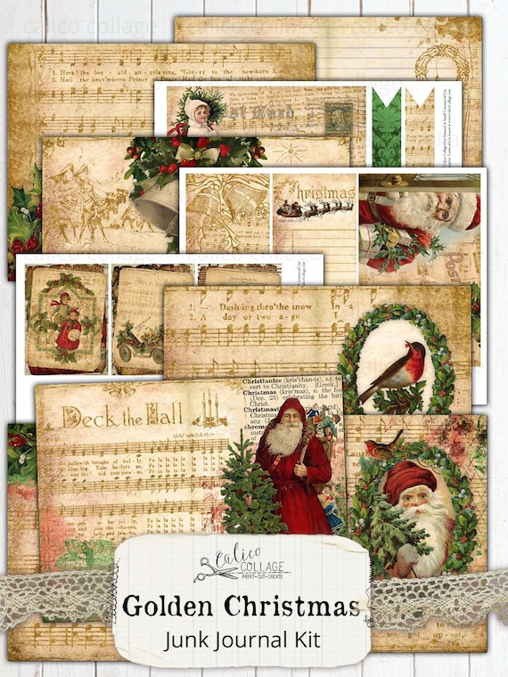 Printable Christmas Junk Journal Kit Winter Themed Journaling Supplies  Vintage Xmas Ephemera Tags Cards Pages Digital Scrapbook Papers 