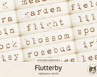 Palabras efímeras para diarios basura, palabras florales imprimibles para diarios basura, suministros para diarios basura, hoja de collage imprimible para efímeras de álbumes de recortes