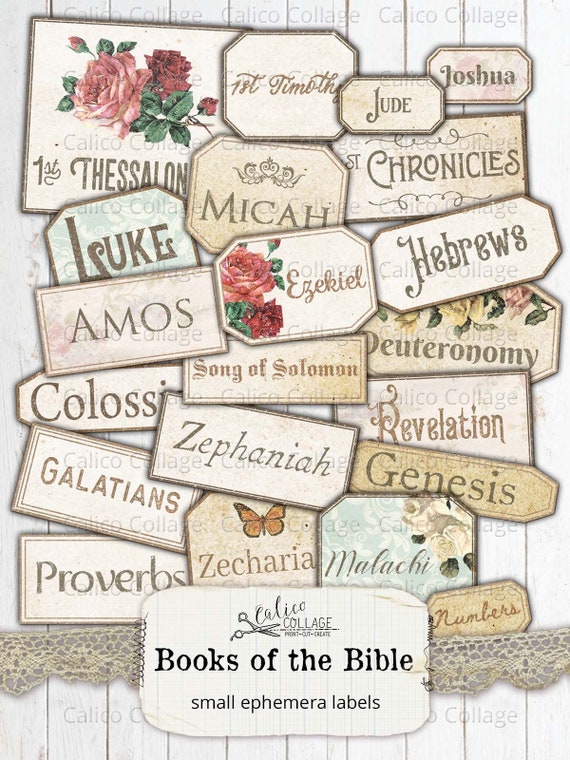 Printable Books of the Bible Labels, Junk Journal Supplies, Faith, Vintage,  Ephemera, Journal, Scrapbooking, Digital Paper, Shabby Labels 