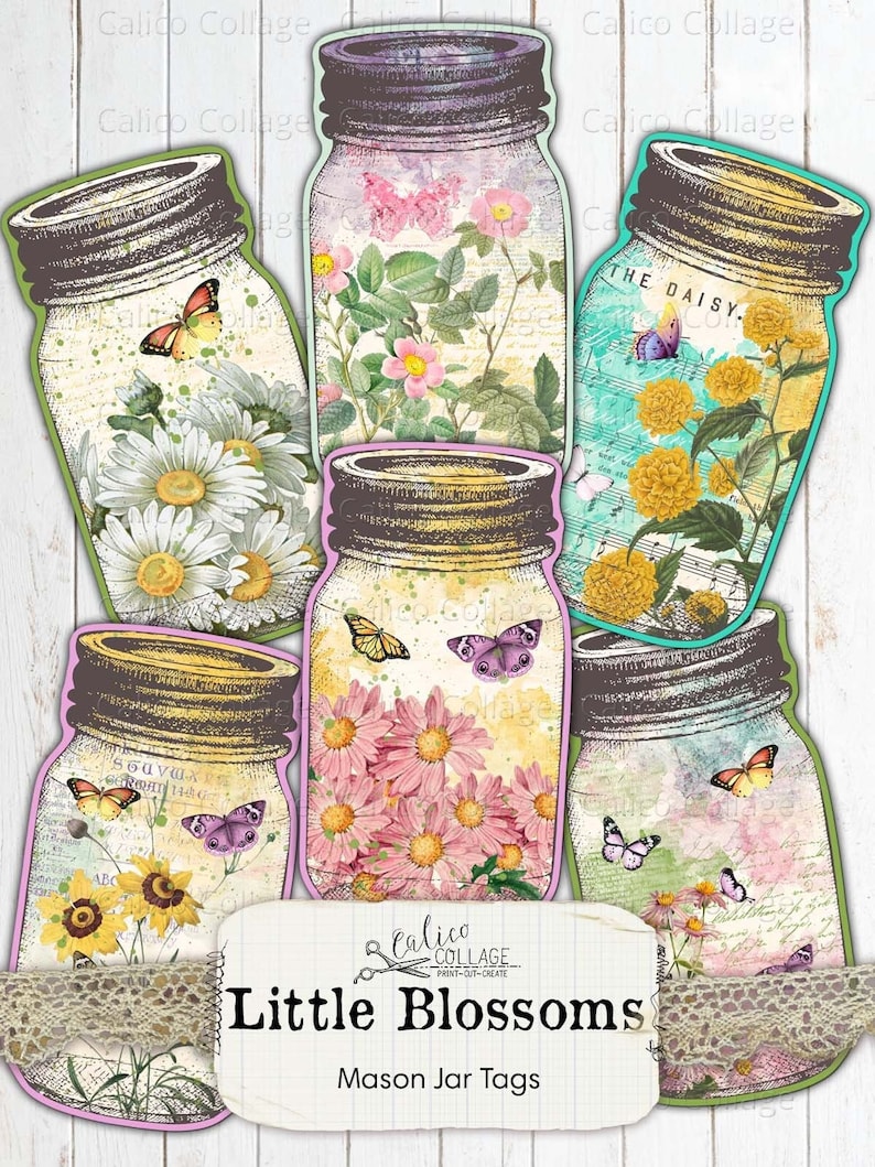 May include: A collection of mason jar tags with floral and butterfly designs. Each tag features a different arrangement of flowers, including daisies, sunflowers, and pink blooms, with butterflies. The tags are labeled "Little Blossoms" and "Mason Jar Tags."