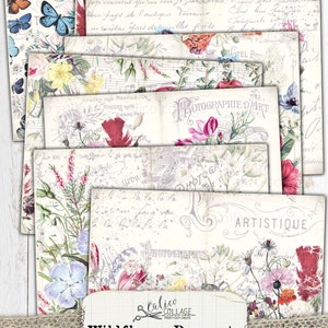 May include: A set of 10 digital printable papers featuring vintage floral illustrations with handwritten text and a faded background. The papers are perfect for scrapbooking, junk journaling, card making, and other paper crafts.