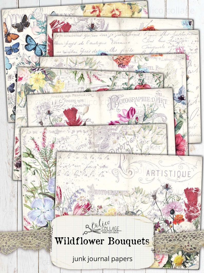 May include: A set of 10 digital printable papers featuring vintage floral illustrations with handwritten text and a faded background. The papers are perfect for scrapbooking, junk journaling, card making, and other paper crafts.