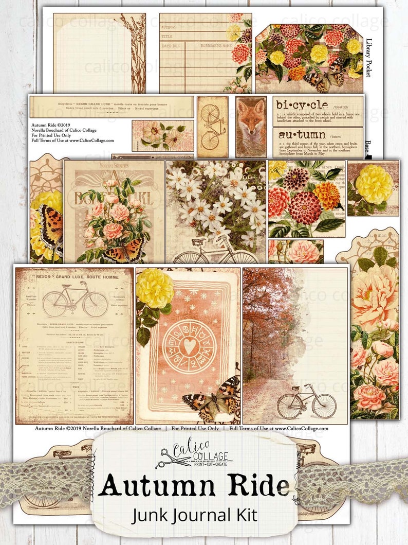 Printable Autumn Junk Journal Kit, Vintage Bicycle Ephemera Pack ...