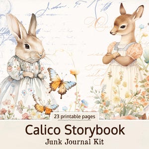 May include: A digital printable junk journal kit with 23 pages featuring a watercolor illustration of a rabbit and a deer wearing dresses and surrounded by flowers. The title "Calico Storybook" is written in brown text on a white background. The text "Junk Journal Kit" is written in brown text on a white background. A calico cat with green eyes is in the lower right corner of the image.