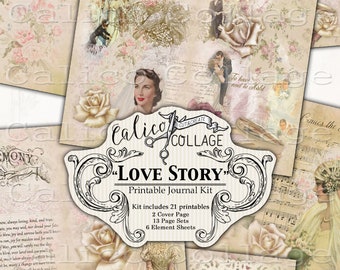 Printable Love Story Junk Journal Kit, Wedding Ephemera