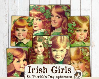 St Patricks Day Ephemera, Cute Irish Girls for Junk Journals, Printable 70s Ephemera, Ephemera Pack, Green Ephemera, Saint Patricks Day