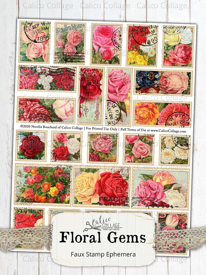Printable Faux Stamps Rose Ephemera, Junk Journal Supplies, Vintage Seed Catalogs, Scrapbook Paper, Small Epehemera, Digital Download 55 画像 6