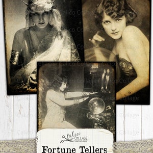 May include: Vintage-style collage featuring three sepia-toned photographs of women. The images depict fortune tellers, with one woman gazing into a crystal ball. The collage includes the text "Fortune Tellers Ephemera" on a decorative label.