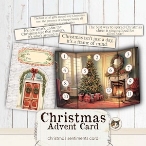 Christmas Advent Card, Christmas Junk Journal Ephemera, Christmas Ephemera, Christmas Printable, Holiday 12 Day Advent Calendar Card