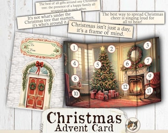 Christmas Advent Card, Christmas Junk Journal Ephemera, Christmas Ephemera, Christmas Printable, Holiday 12 Day Advent Calendar Card