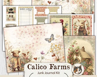 Primitive Junk Journal Kit, Printable Farm Animal Ephemera, Floral Calico, Calico Farms, Collage Sheets, Digital Paper, Ephemera Pack
