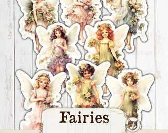Puede incluir: Conjunto de ocho ilustraciones de hadas imprimibles con detalles florales. Las hadas están vestidas con colores pastel y tienen alas. El texto "Fairies" y "fussy cut ephemera" está impreso en la página. El texto "Print Cut Create" está impreso en la parte inferior de la página.