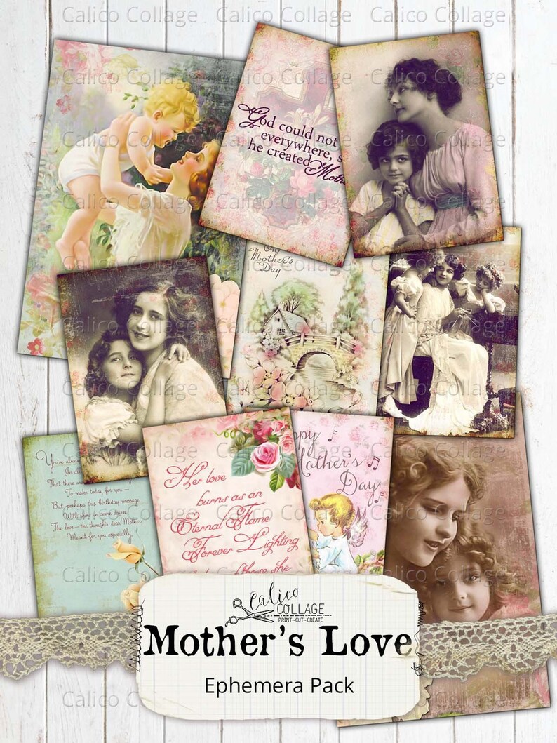 Mothers Love Printable Junk Journal Ephemera Pack, Journal Supplies, Vintage Mothers Day Ephemera Cards, Digital Paper Scrapbook Prints 