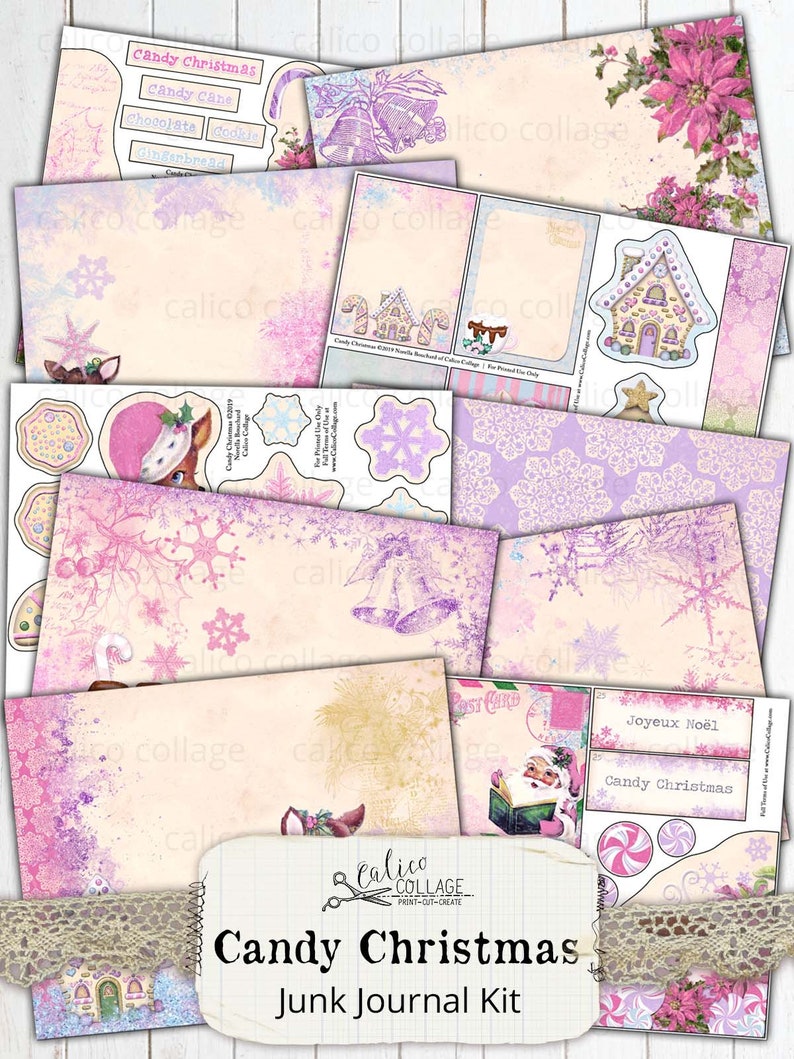 Junk Journal Kit Candy Christmas, Printable Journal Supplies,