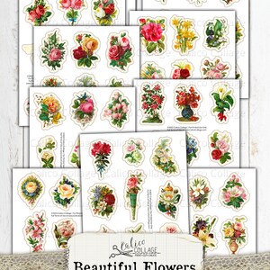 May include: A set of 20 printable vintage flower images. The images are fussy cut and ready to be printed and used for crafting projects. The flowers are in various colours, including red, pink, yellow, white, and blue.