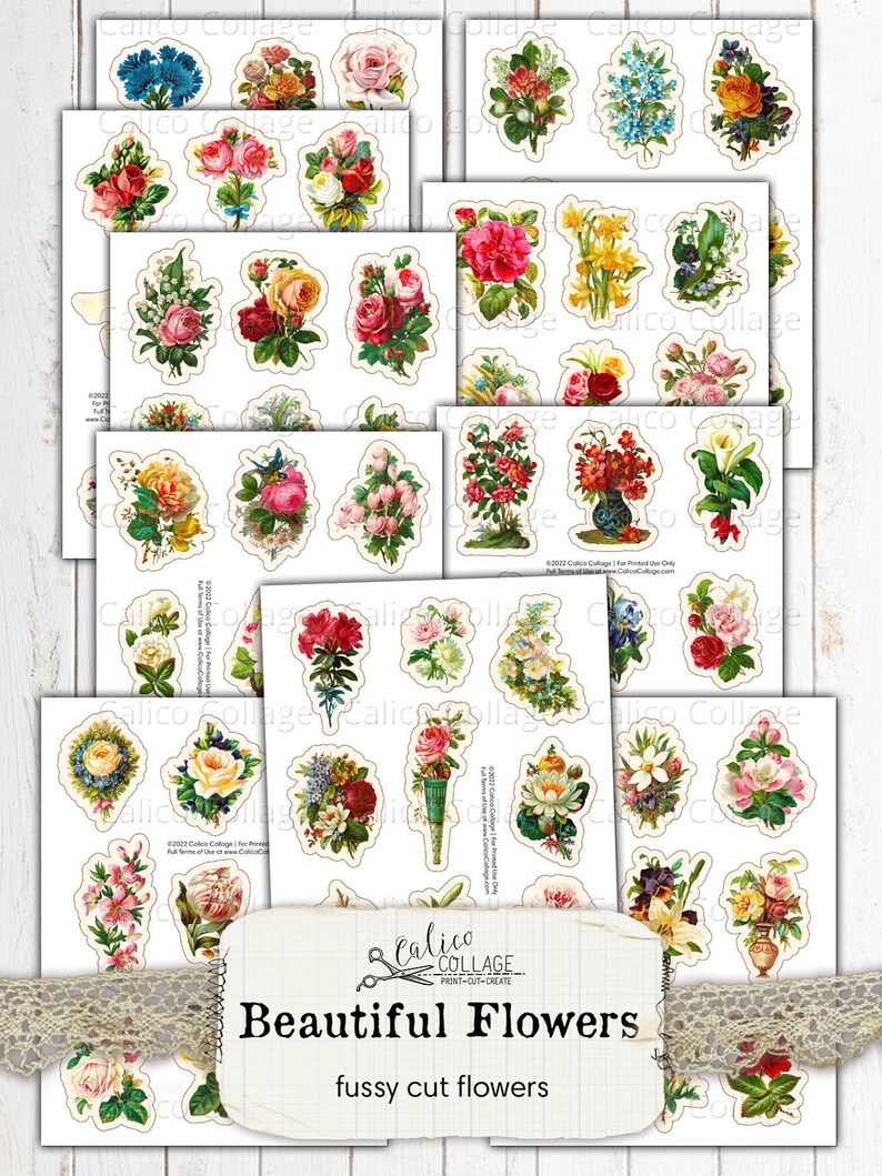 May include: A set of 20 printable vintage flower images. The images are fussy cut and ready to be printed and used for crafting projects. The flowers are in various colours, including red, pink, yellow, white, and blue.