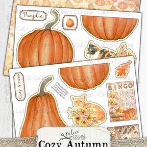 Puede incluir: Un bolsillo de ef&iacute;meras imprimible con un tema de oto&ntilde;o acogedor. La imagen presenta una calabaza, un gato, una tarjeta de bingo y el texto "Cozy Autumn".