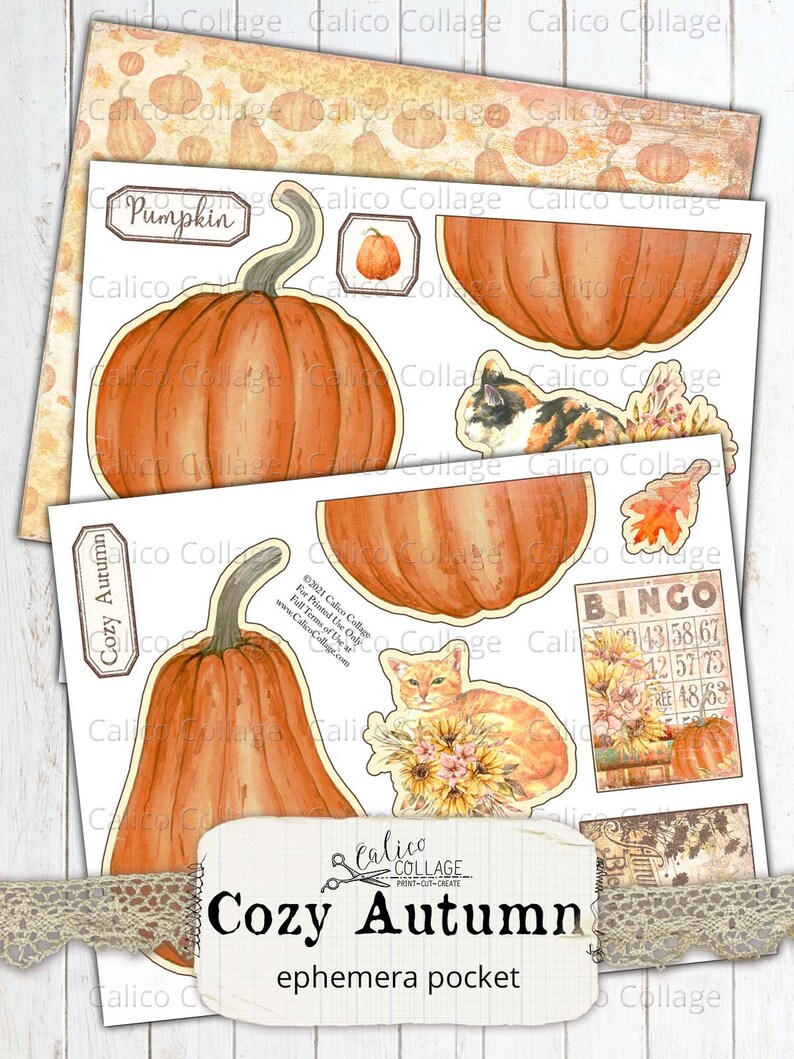 Puede incluir: Un bolsillo de ef&iacute;meras imprimible con un tema de oto&ntilde;o acogedor. La imagen presenta una calabaza, un gato, una tarjeta de bingo y el texto "Cozy Autumn".