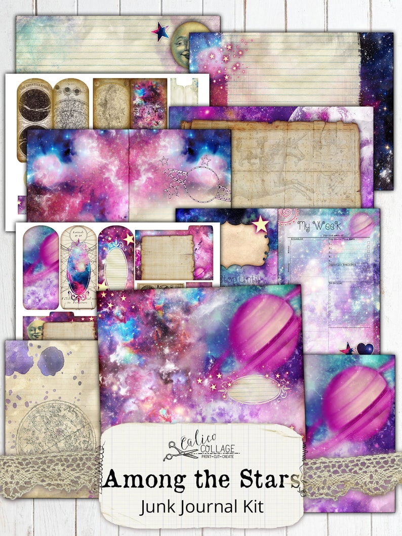 Kit de journal indésirable imprimable, Pack de téléchargement numérique éphémère, Papier numérique du zodiaque céleste, Papiers Galaxy Star, Parmi les étoiles image 2