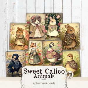 Primitive Junk Journal Stampabile Ephemera, Animali Calico floreale, Animali del bosco, Carte Ephemera Vintage, Foglio Collage Scrapbook