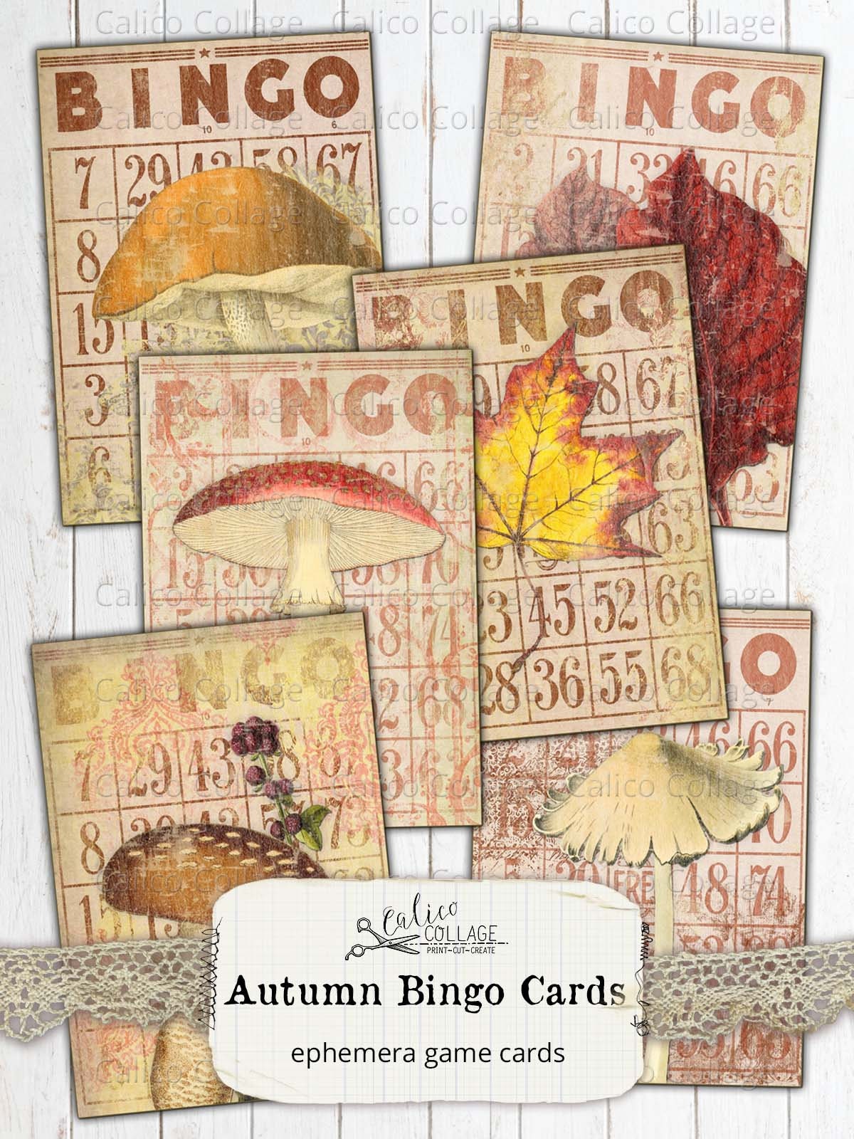 ★ミニさん⑤★ Autumn Bingo Cards, Junk Journal Ephemera Pack Journal