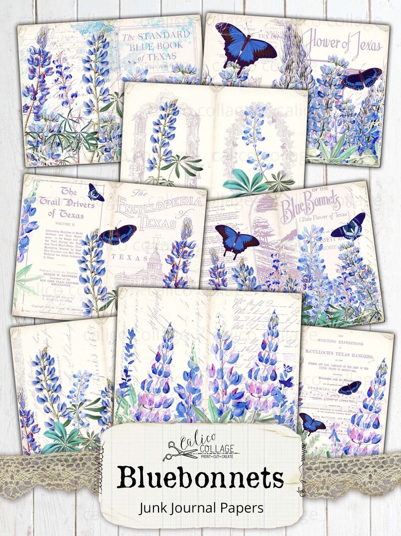 May include: A set of 10 digital printable papers featuring bluebonnet flowers, butterflies, and vintage text. The papers are perfect for scrapbooking, card making, and other paper crafts.