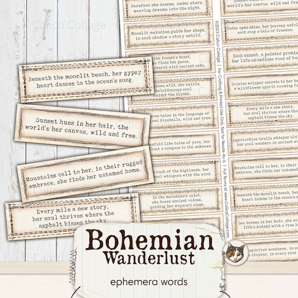 Bohemian Junk Journal Words, Gypsy Ephemera Words, Printable Boho Ephemera Digital Download Collage Sheet, Junk Journal Printable Phrases