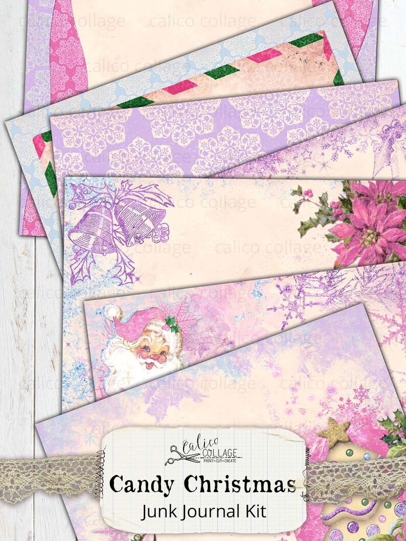 Junk Journal Kit Candy Christmas, Printable Journal Supplies,