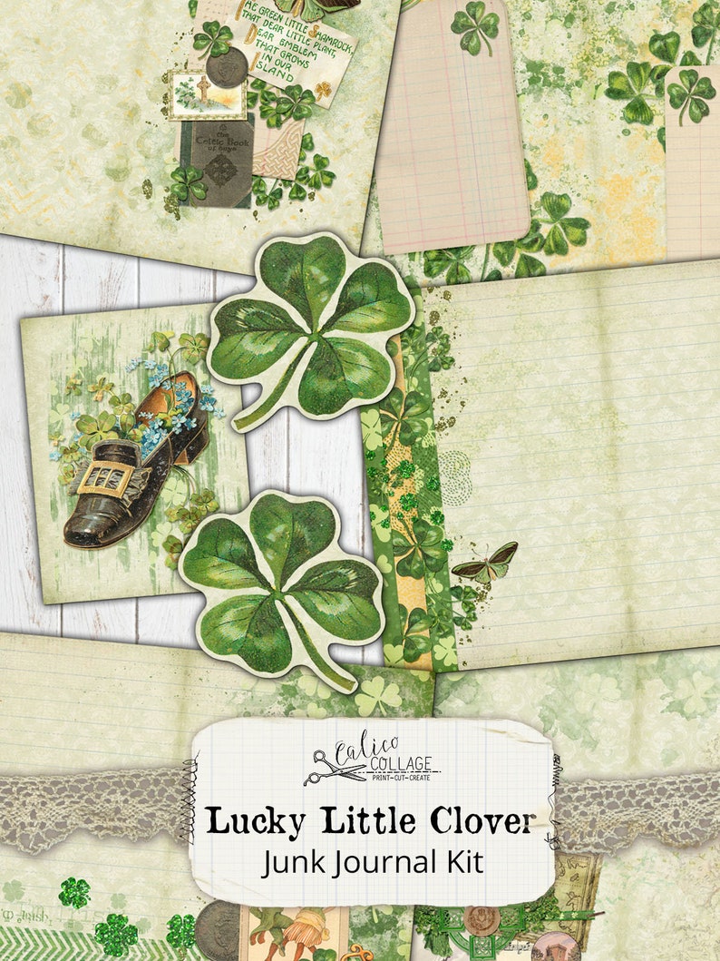 St Patricks Day Junk Journal Kit Ephemera Pack, Lucky Little Clover, Irish Ephemera image 6