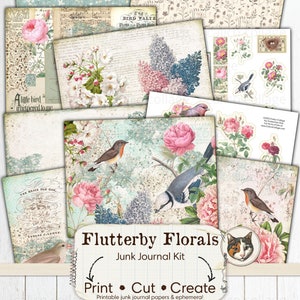 Bird Junk Journal Kit, afdrukbare botanische ephemera, Floral Junk Journal Papers, collagebladen, digitaal papier, ephemera Pack