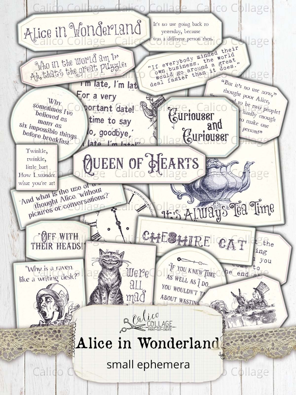 Alice in Wonderland Printable Small Label Quotes, Junk Journal Ephemera Pack, John Tenniel Bullet Journal Supplies, Scrapbook Digital Paper