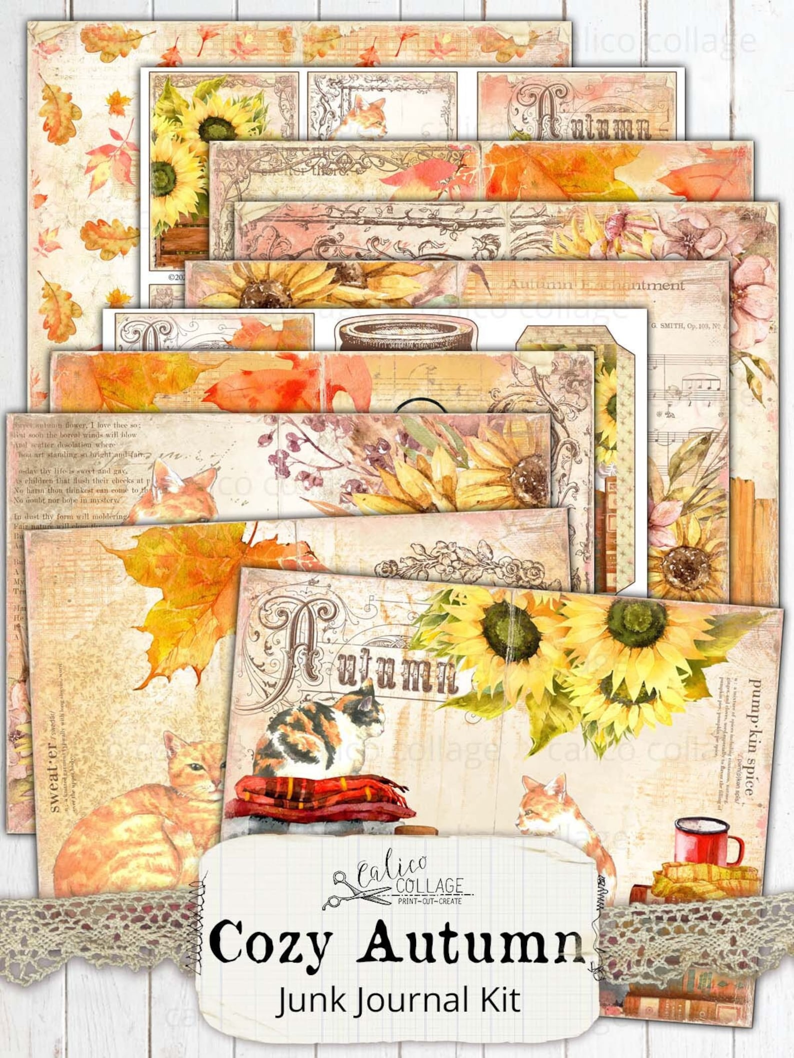 Printable Autumn Cat Junk Journal Kit, Fall Ephemera Pack, Shabby Chic ...
