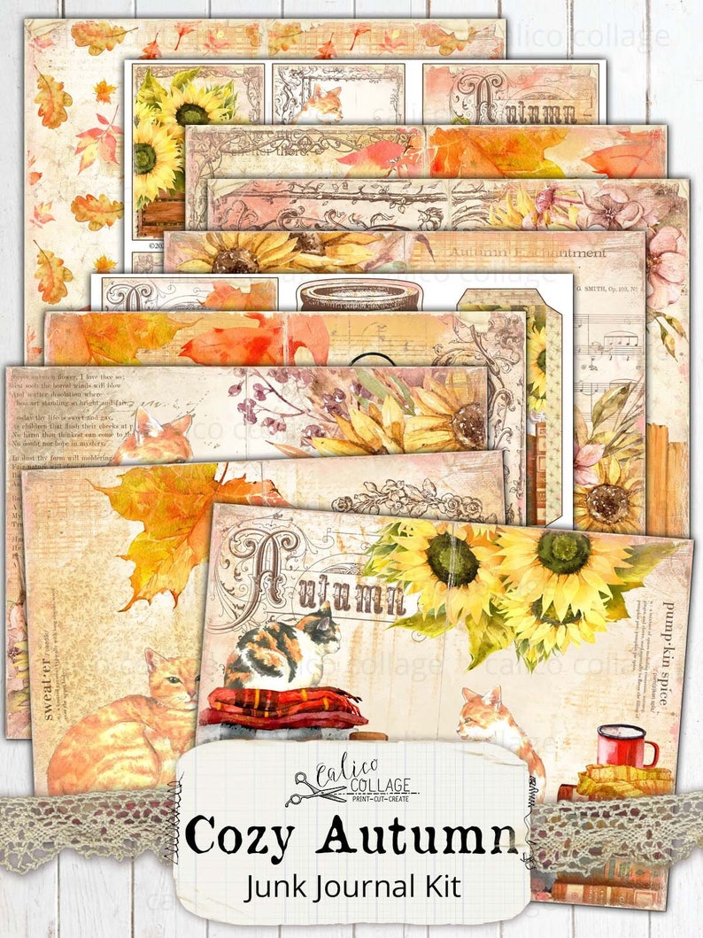 Printable Autumn Cat Junk Journal Kit, Fall Ephemera Pack, Shabby Chic ...