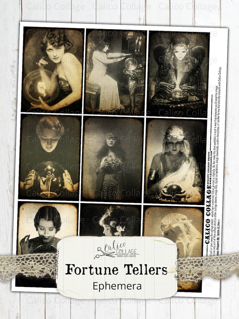 May include: A collage of vintage-style images featuring fortune tellers with crystal balls. The sepia-toned images depict women in various poses, some holding or gazing into crystal balls. The text "Fortune Tellers Ephemera" is displayed on a label at the bottom.