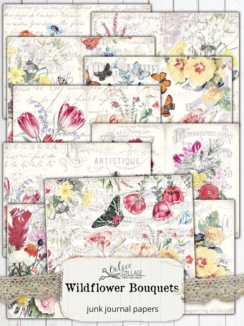 May include: A set of 10 digital papers featuring vintage floral designs with butterflies, musical notes, and handwritten text. The papers are perfect for scrapbooking, card making, and other crafting projects.