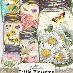 May include: A collection of mason jar tags with floral and butterfly designs. The tags feature various flowers, including daisies, sunflowers, and pink blooms, with butterflies. The text "Little Blossoms" and "Mason Jar Tags" are visible.