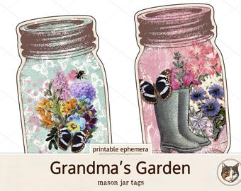 Printable Mason Jar Junk Journal Ephemera Pack, Grandmas Garden