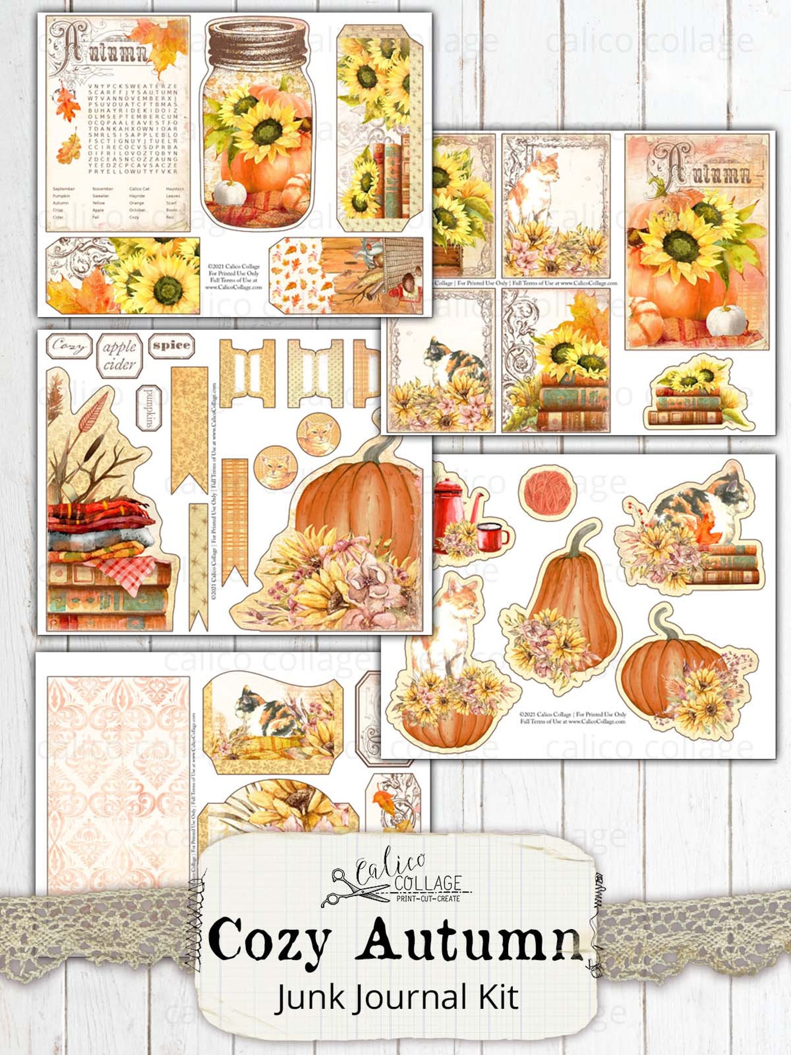Printable Autumn Cat Junk Journal Kit, Fall Ephemera Pack, Shabby Chic ...