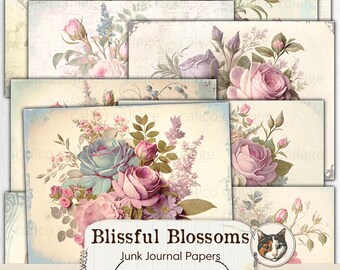 Rose Junk Journal Papers, Printable Floral Papers, Purple Ephemera Roses and Floral Digital Papers, Ephemera Pack, Blissful Blossoms