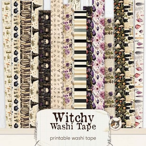 Witchy afdrukbare Washi Tape, Witch Ephemera Washi Tape Strips, Junk Journal afdrukbare Ephemera Digitale Download Collage Sheet