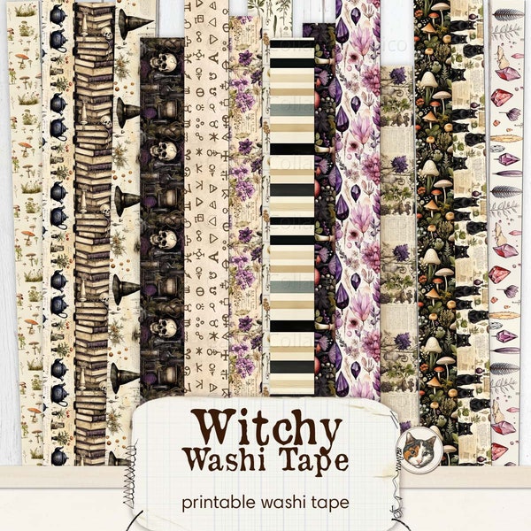 Witchy Printable Washi Tape, Witch Ephemera Washi Tape Strips, Junk Journal Printable Ephemera Digital Download Collage Sheet