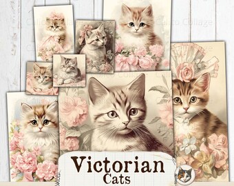 Victorian Kittens Junk Journal Printables, Cats Ephemera Pack, Shabby Chic Printable Ephemera, Rose Ephemera Digital Download Collage Sheet