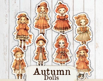 Autumn Baby Doll Fussy Cut Ephemera para revistas basura, descarga digital de otoño vintage, hoja de collage imprimible, suministros de diario