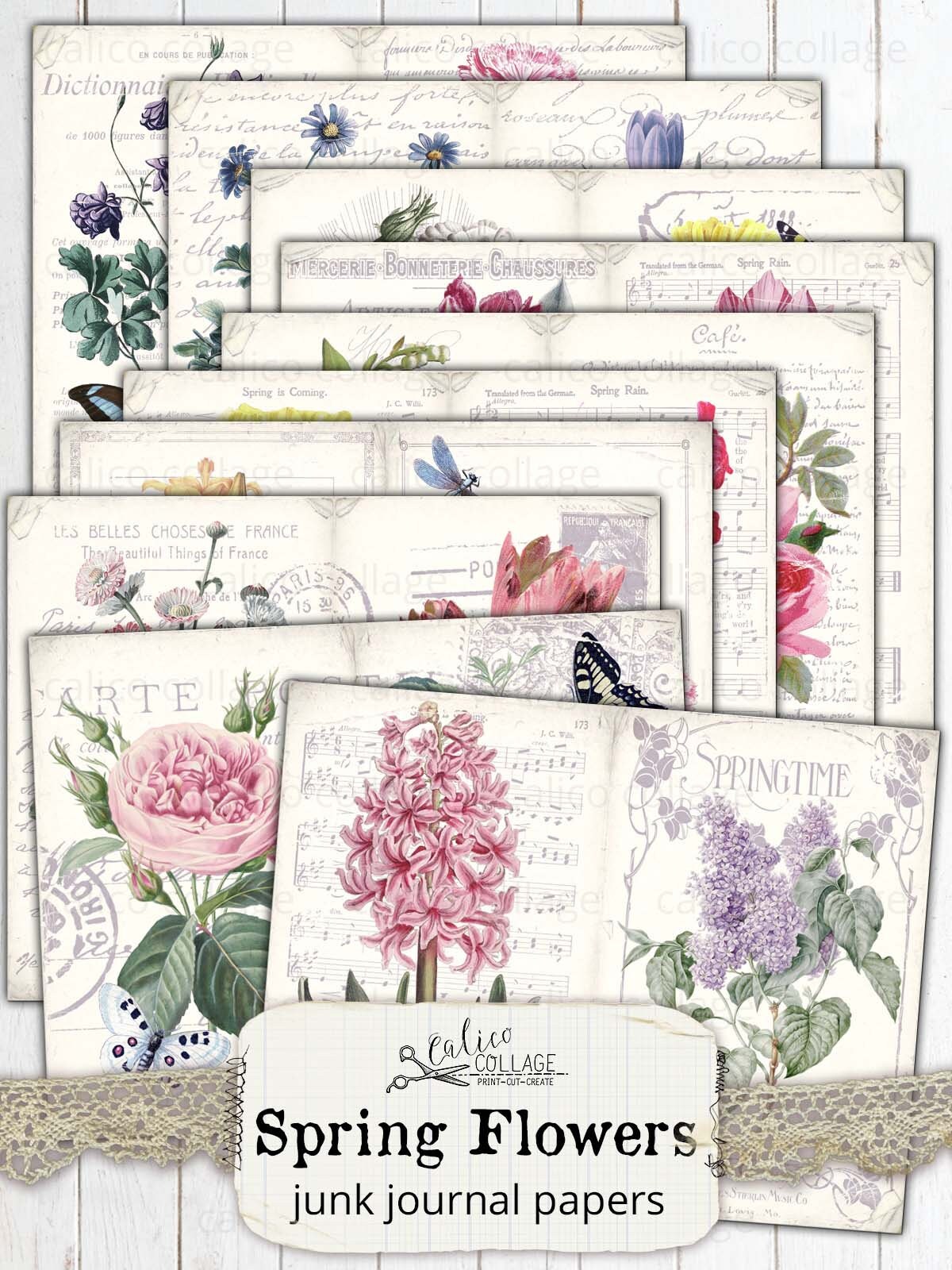 Spring Junk Journal Digital Paper Pack Prints, Spring Ephemera, Floral ...