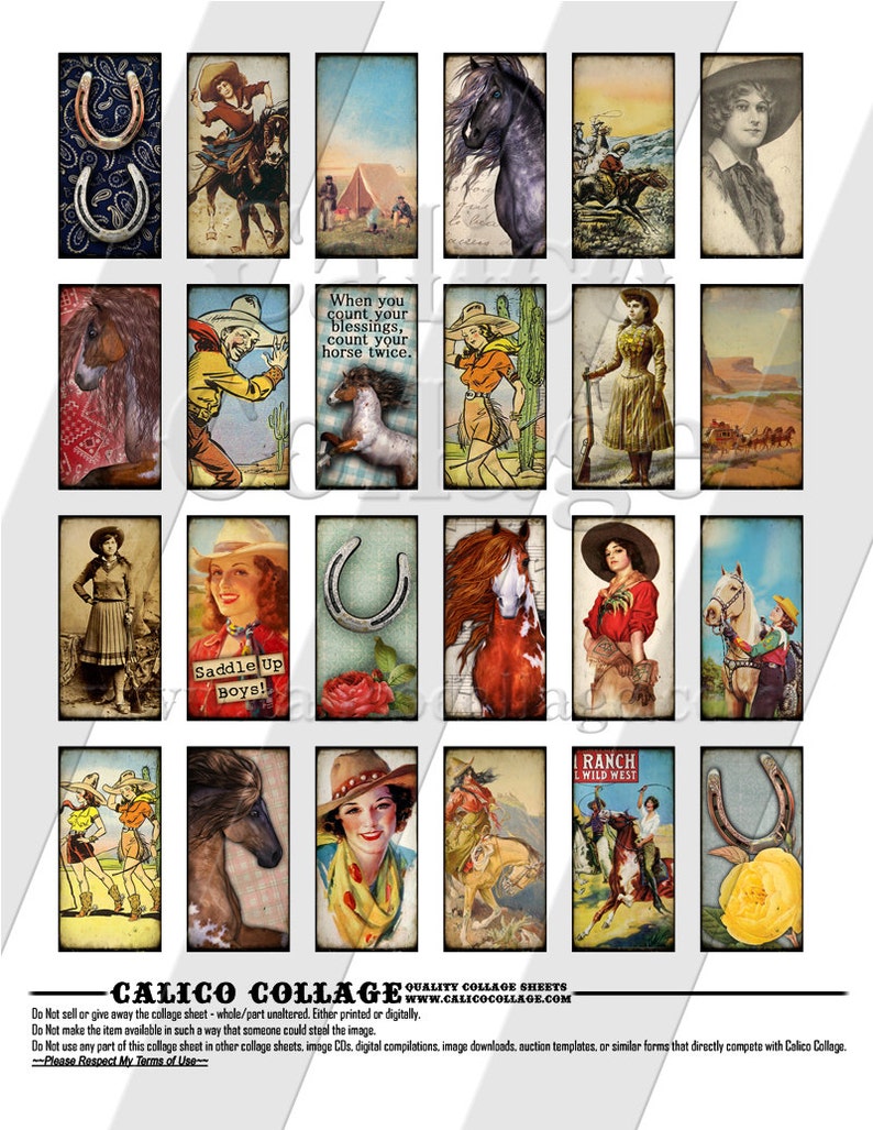 CowGirls, Domino Collage Sheet, 1x2 inch Images, Southwest Images, Horse Images, Wild West Images, Pendant Images, Digital Sheet image 2