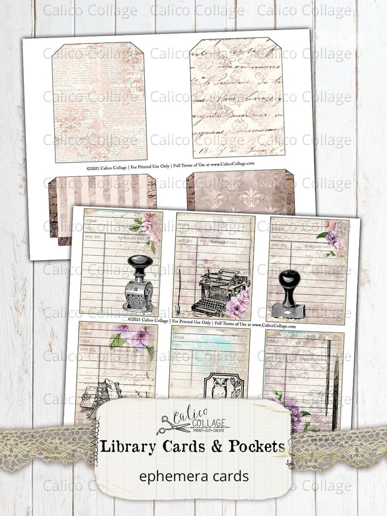 Floral Vintage Books Junk Journal Supplies Printable Library Cards and Pockets AGB21 Scrapbook Digital Paper Library Ephemera