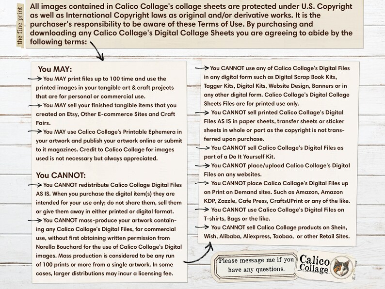Puede incluir: Un cartel blanco y marr&oacute;n con el texto "Calico Collage" y una ilustraci&oacute;n de un gato. El cartel enumera los t&eacute;rminos de uso para las hojas de collage digitales, incluyendo lo que est&aacute; permitido y lo que no est&aacute; permitido. El texto incluye frases como "Puedes" y "No puedes".