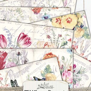 May include: A set of six digital papers featuring vintage floral illustrations with a shabby chic aesthetic. The papers are perfect for scrapbooking, card making, and other paper crafts. The papers feature a variety of flowers, including roses, tulips, and daisies, in shades of pink, yellow, and blue. The papers also feature vintage text and images, adding to their charm.